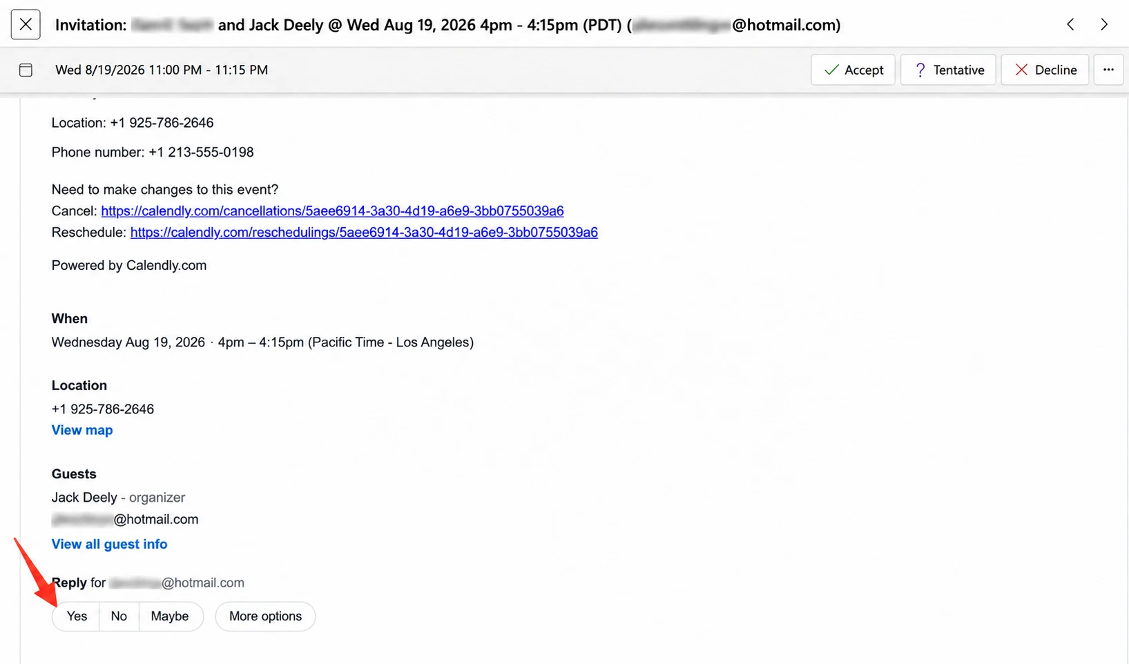 Calendar invitation email with a red arrow pointing at the Yes button